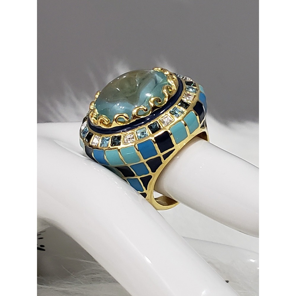 Lauren G Adams Checker blue Enamel Cocktail Ring maximalist whimsical harlequin - Picture 5 of 6